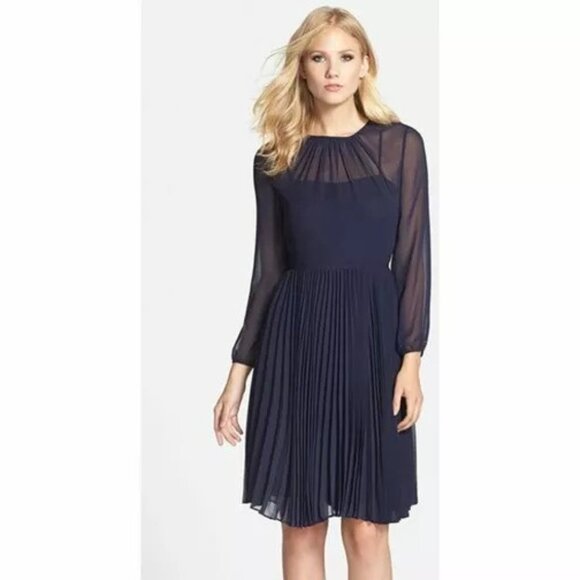 New Eliza J Women's  Blue Pleated Chiffon Fit & Flare Dress P6468 - Picture 1 of 9